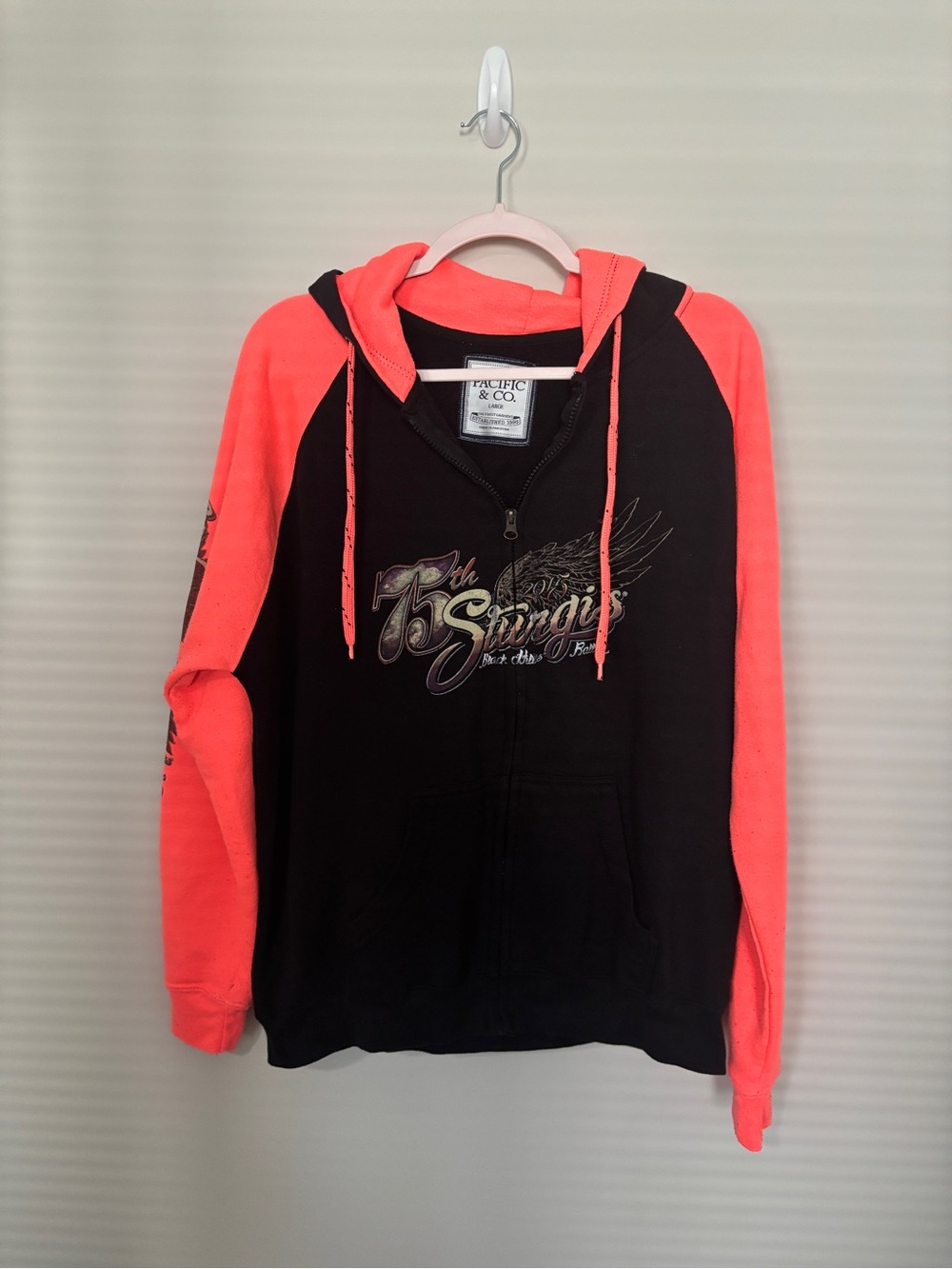 Pacific & Co. Black Hoodie with Neon Coral Sleeves - 75th Sturgis Size L -